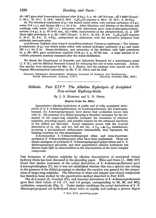 Dithiols. Part XIV. The alkaline hydrolysis of acetylated non-vicinal hydroxy-thiols
