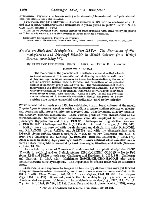 Studies on biological methylation. Part XIV. The formation of trimethylarsine and dimethyl selenide in mould cultures from methyl sources containing 14C