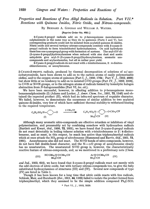 Properties and reactions of free alkyl radicals in solution. Part VII. Reactions with quinone imides, nitric oxide, and nitroso-compounds