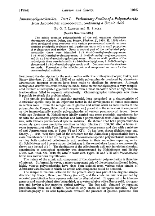 Immunopolysaccharides. Part I. Preliminary studies of a polysaccharide from Azotobacter chroococcum, containing a uronic acid