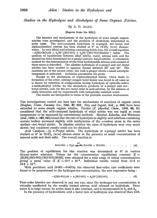 Studies in the hydrolysis and alcoholysis of some organic nitrites