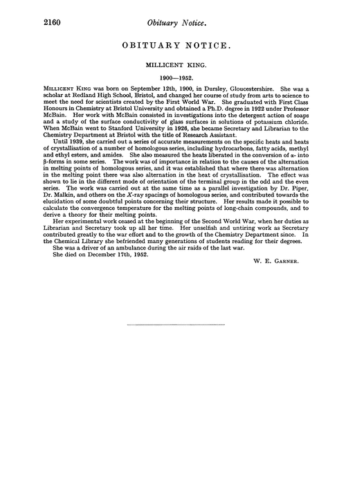 Obituary notice: Millicent King, 1900–1952
