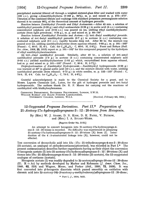 12-Oxygenated pregnane derivatives. Part II. Preparation of 21-acetoxy-17α-hydroxyallopregnane-3 : 12 : 20-trione from hecogenin
