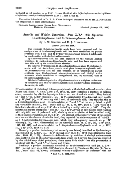 Steroids and walden inversion. Part XII. The epimeric 3-cholesterylacetic and 3-cholestanylacetic acids