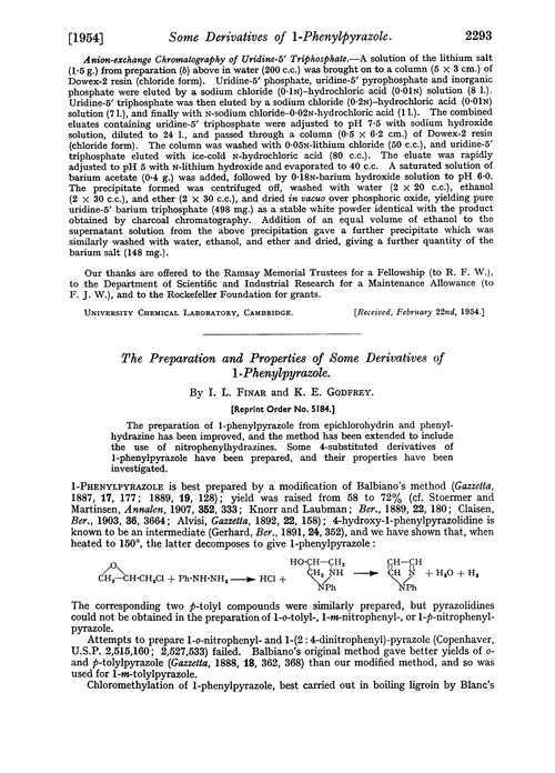 The preparation and properties of some derivatives of 1-phenylpyrazole