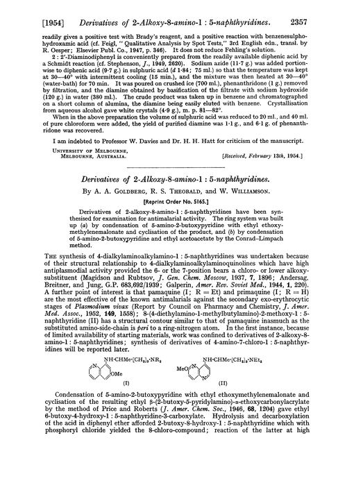 Derivatives of 2-alkoxy-8-amino-1 : 5-naphthyridines