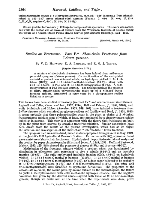 Studies on fructosans. Part V. Short-chain fructosans from Lolium perenne