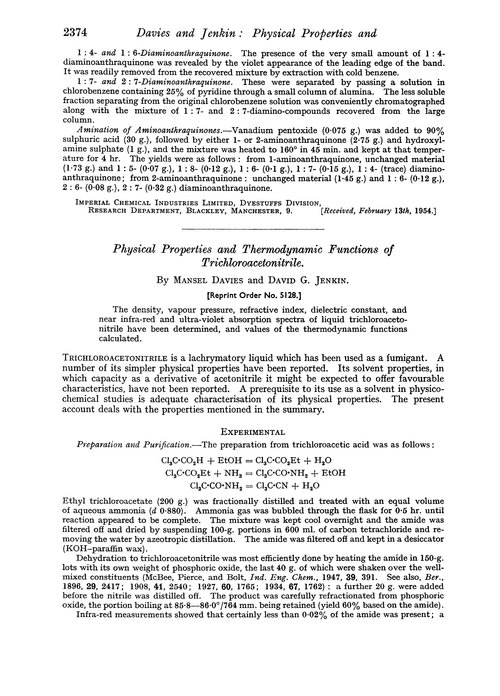 Physical properties and thermodynamic functions of trichloroacetonitrile
