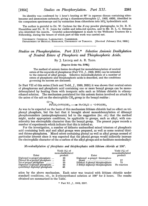 Studies on phosphorylation. Part XII. Selective anionic dealkylation of neutral esters of phosphoric and thiophosphoric acids