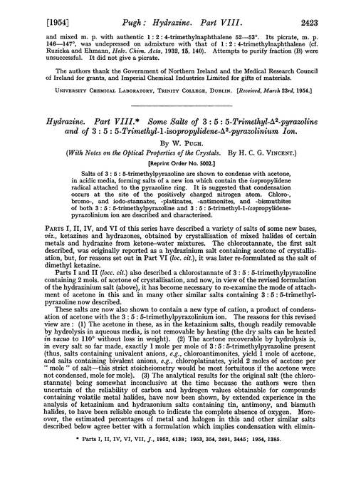 Hydrazine. Part VIII. Some salts of 3 : 5 : 5-trimethyl-Δ2-pyrazoline and of 3 : 5 : 5-trimethyl-1-isopropylidene-Δ2-pyrazolinium ion