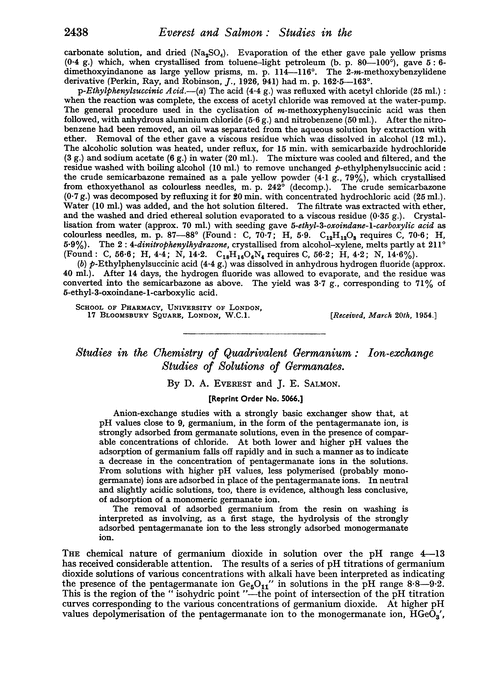 Studies in the chemistry of quadrivalent germanium : ion-exchange studies of solutions of germanates