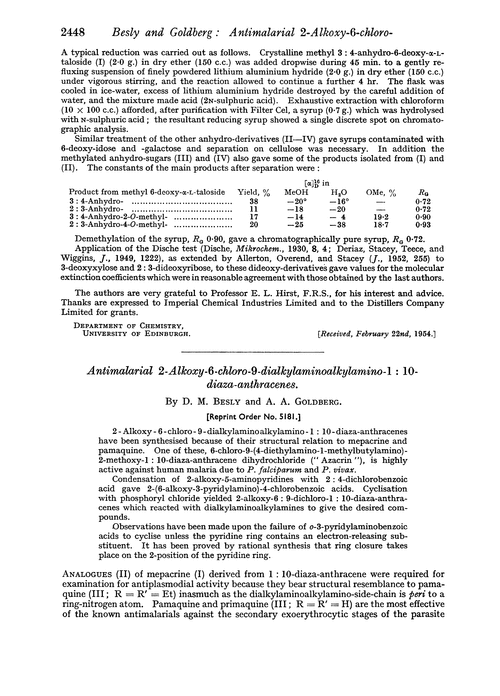 Antimalarial 2-alkoxy-6-chloro-9-dialkylaminoalkylamino-1 : 10-diaza-anthracenes