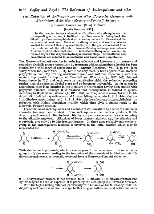 The reduction of anthraquinone and other polycyclic quinones with aluminium alkoxides (Meerwein–Pondorff reagent)