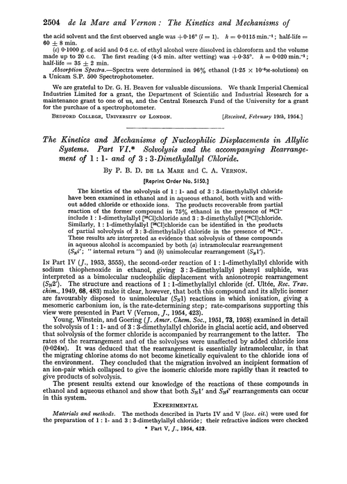 The kinetics and mechanisms of nucleophilic displacements in allylic systems. Part VI. Solvolysis and the accompanying rearrangement of 1 : 1- and of 3 : 3-dimethylallyl chloride