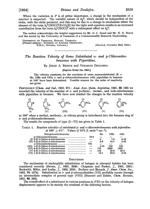 The reaction velocity of some substituted o- and p-chloronitrobenzenes with piperidine