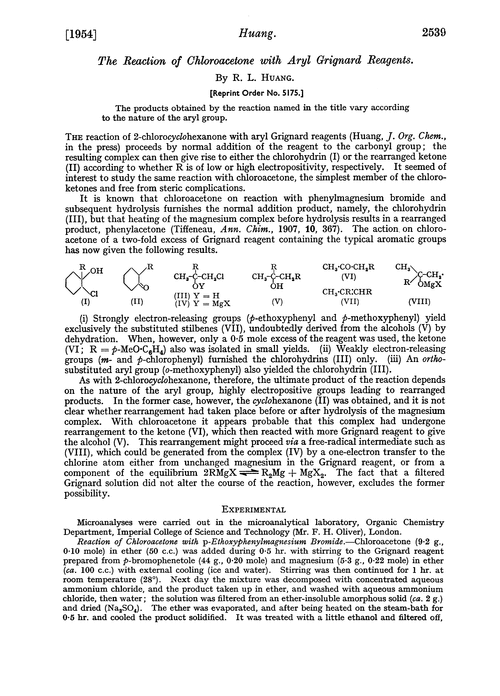 The reaction of chloroacetone with aryl grignard reagents
