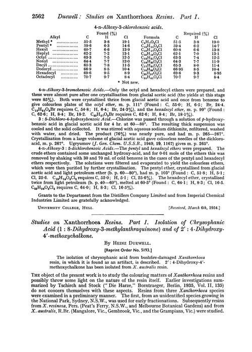 Studies on Xanthorrhoea resins. Part I. Isolation of chrysophanic acid (1 : 8-dihydroxy-3-methylanthraquinone) and of 2′ : 4-dihydroxy-4′-methoxychalkone