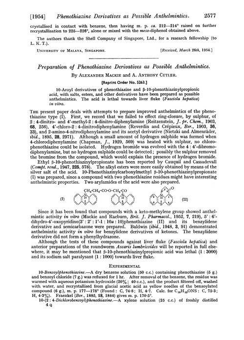 Preparation of phenothiazine derivatives as possible anthelmintics