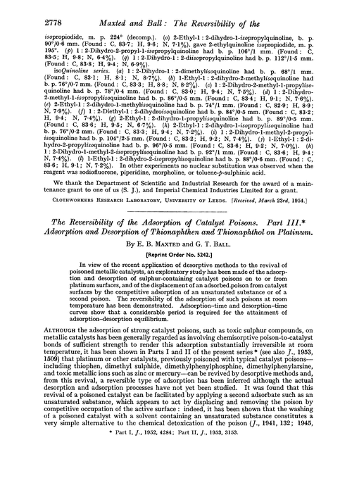 The reversibility of the adsorption of catalyst poisons. Part III. Adsorption and desorption of thionaphthen and thionaphthol on platinum