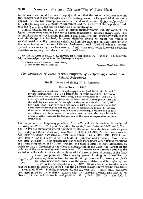 The stabilities of some metal complexes of 8-hydroxyquinoline and related substances
