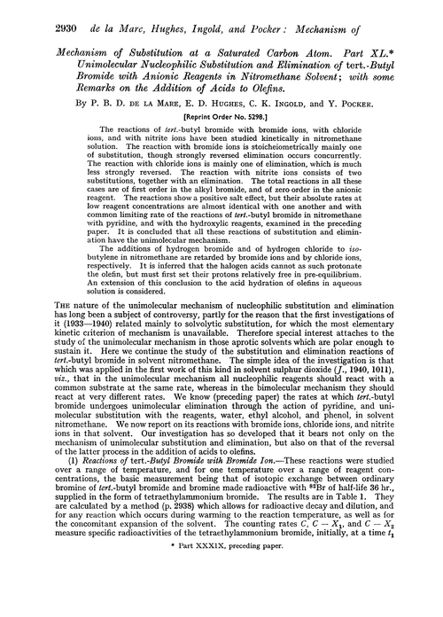 Mechanism of substitution at a saturated carbon atom. Part XL. Unimolecular nucleophilic substitution and elimination of tert.-butyl bromide with anionic reagents in nitromethane solvent; with some remarks on the addition of acids to olefins