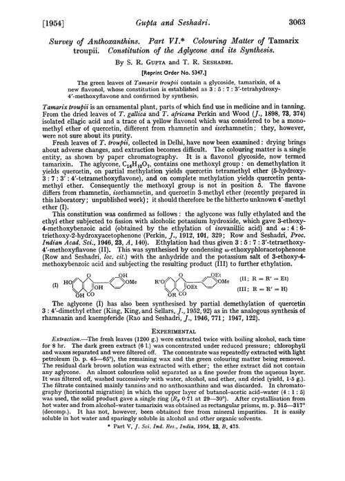 Survey of anthoxanthins. Part VI. Colouring matter of tamarix troupii. Constitution of the aglycone and its synthesis