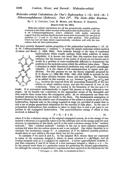 Molecular-orbital calculations for clar's hydrocarbon 1 : 13 : 12–6 : 16 : 7-dibenzonaphthacene (zethrene). Part II. The Diels–Alder reaction