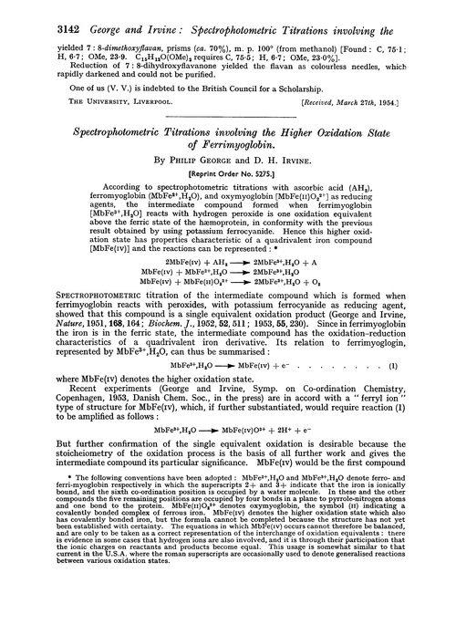 Spectrophotometric titrations involving the higher oxidation state of ferrimyoglobin