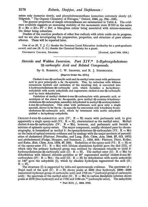 Steroids and walden inversion. Part XIV. 5-Hydroxycholestane-3β-carboxylic acid and related compounds