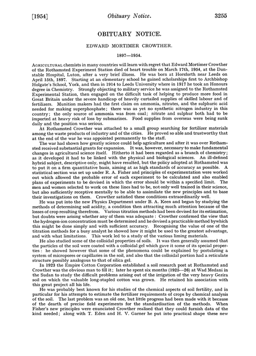 Obituary notice: Edward Mortimer Crowther, 1897–1954