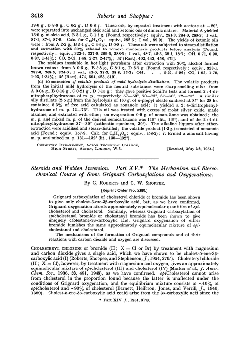 Steroids and walden inversion. Part XV. The mechanism and stereochemical course of some grignard corboxylations and oxygenations