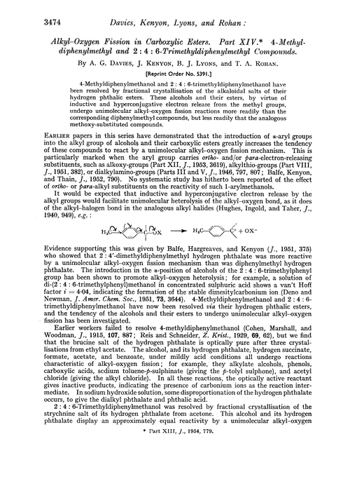 Alkyl–oxygen fission in carboxylic esters. Part XIV. 4-Methyldiphenylmethyl and 2 : 4 : 6-trimethyldiphenylmethyl compounds