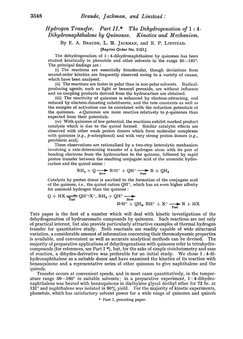 Hydrogen transfer. Part II. The dehydrogenation of 1 : 4-dihydronaphthalene by quinones. Kinetics and mechanism