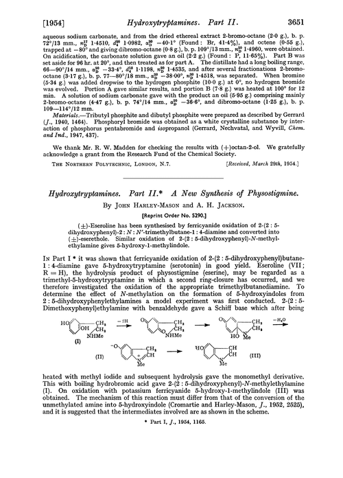 Hydroxytryptamines. Part II. A new synthesis of physostigmine