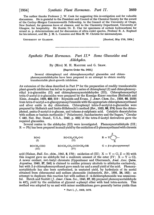 Synthetic plant hormones. Part II. Some glucosides and aldehydes