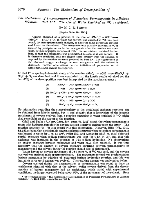 The mechanism of decomposition of potassium permanganate in alkaline solution. Part II. The use of water enriched in 18O as solvent