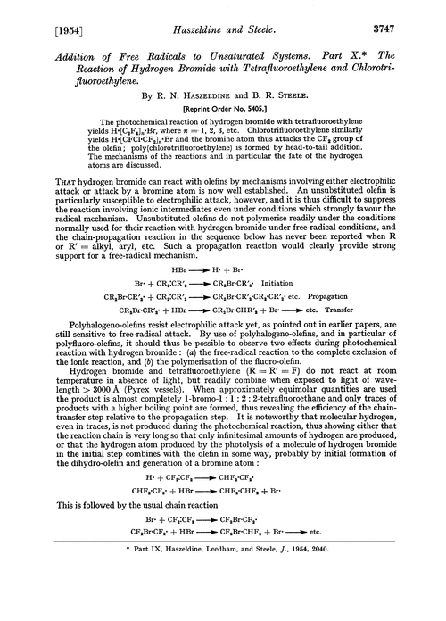 Addition of free radicals to unsaturated systems. Part X. The reaction of hydrogen bromide with tetrafluoroethylene and chlorotrifluoroethylene