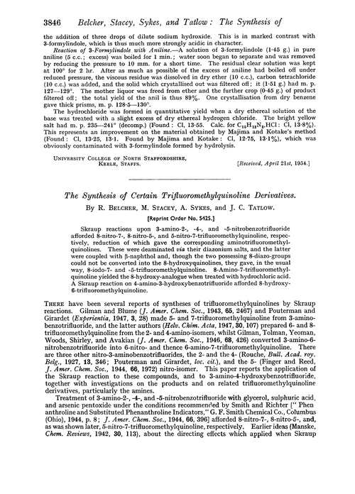 The synthesis of certain trifluoromethylquinoline derivatives