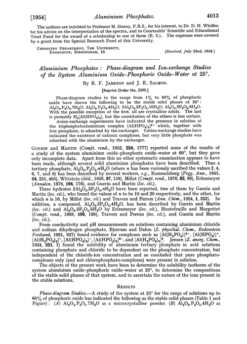 Aluminium phosphates : phase-diagram and ion-exchange studies of the system aluminium oxide–phosphoric oxide–water at 25°