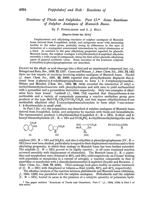 Reactions of thiols and sulphides. Part II. Some reactions of sulphur analogues of Mannich bases