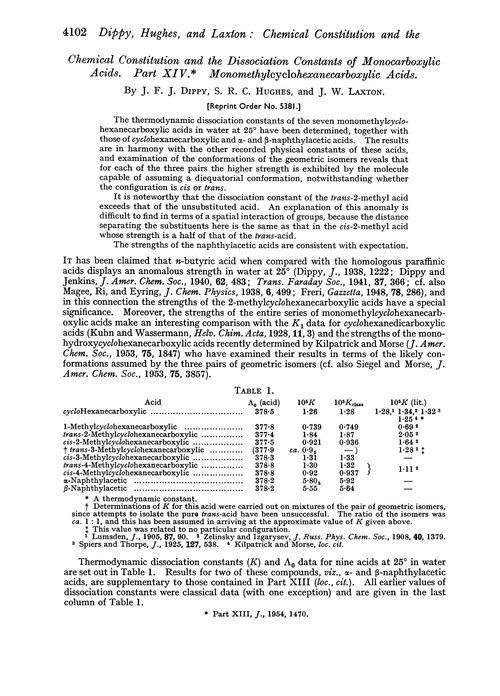 Chemical constitution and the dissociation constants of monocarboxylic acids. Part XIV. Monomethylcyclohexanecarboxylic acids