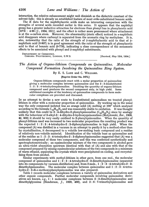 The action of organo-lithium compounds on quinoxaline. Molecular compound formation involving the quinoxaline ring system