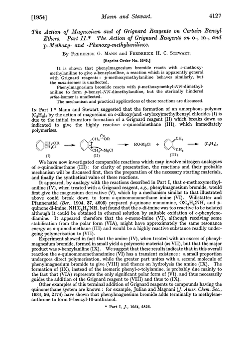 The action of magnesium and of Grignard reagents on certain benzyl ethers. Part II. The action of Grignard reagents on o-, m-, and p-methoxy- and -phenoxy-methylanilines
