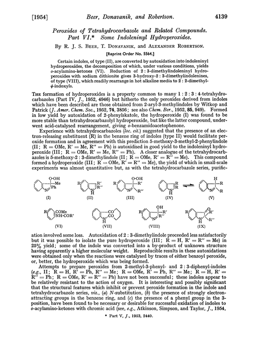 Peroxides of tetrahydrocarbazole and related compounds. Part VI. Some indoleninyl hydroperoxides