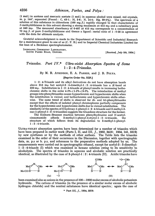 Triazoles. Part IV. Ultra-violet absorption spectra of some 1 : 2 : 4-triazoles