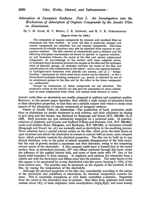 Adsorption at inorganic surfaces. Part I. An investigation into the mechanism of adsorption of organic compounds by the anodic film on aluminium