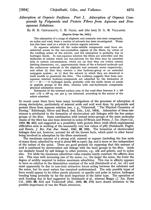 Adsorption at organic surfaces. Part I. Adsorption of organic compounds by polyamide and protein fibres from aqueous and nonaqueous solutions