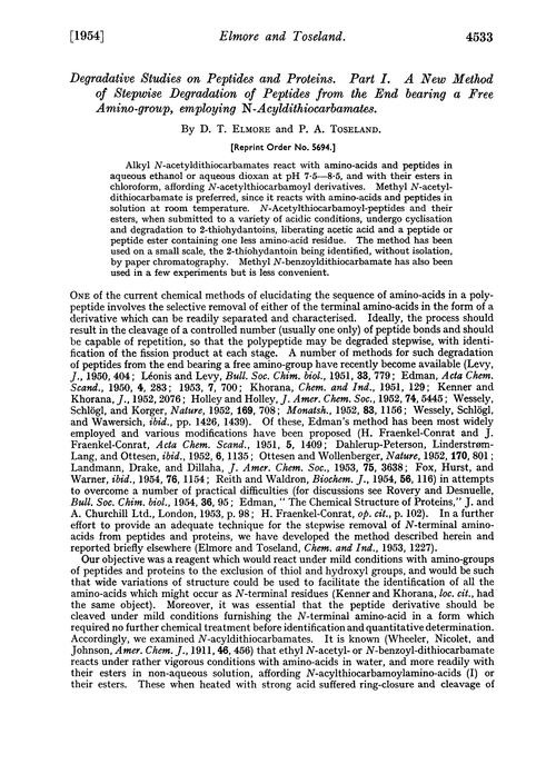 Degradative studies on peptides and proteins. Part I. A new method of stepwise degradation of peptides from the end bearing a free amino-group, employing N-acyldithiocarbamates