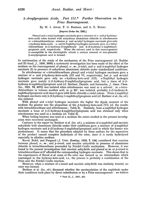 β-Aroylpropionic acids. Part III. Further observation on the Fries rearrangement