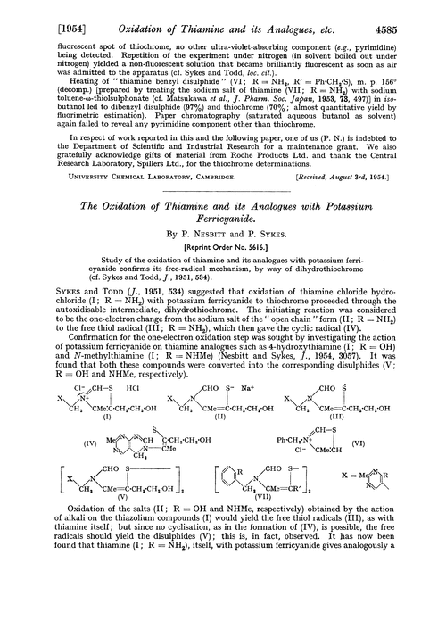 The oxidation of thiamine and its analogues with potassium ferricyanide